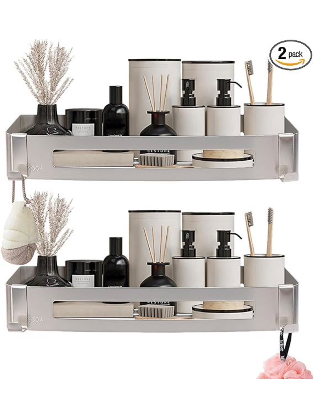 Stainless Steel Wall-Mounted Bathroom Shelf Organizer - Silver (2 Pack)